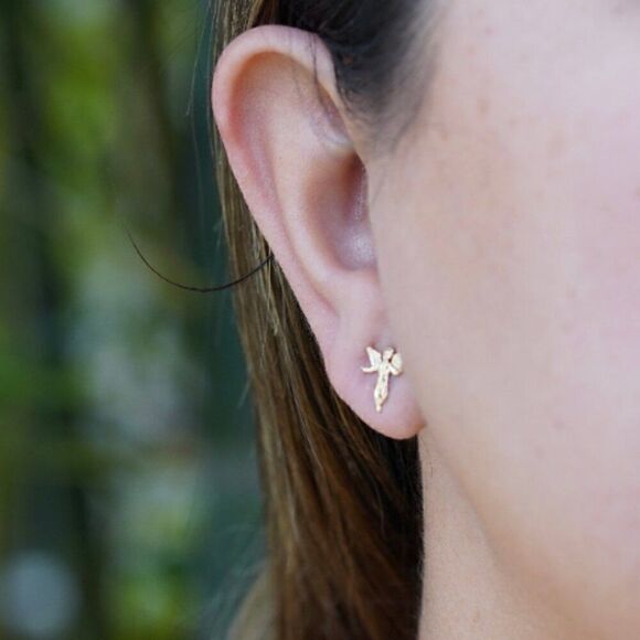 14k Yellow solid Gold Angel Stud Earrings (11 mm X 8 mm) | Gift for Mother | - Picture 5 of 10